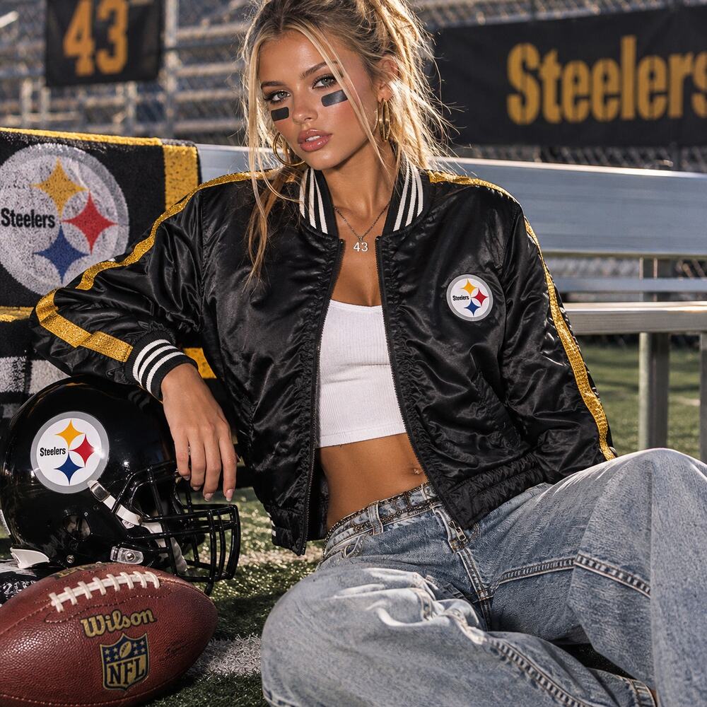 XL coat black satin bomber jacket Pittsburgh Steelers Football NFL Vintage 90's
